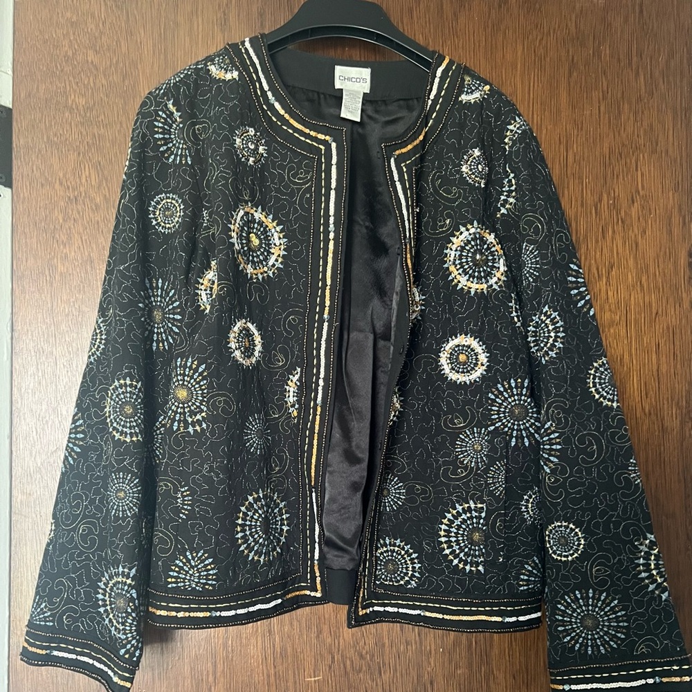 Chico's Black Embroidered Jacket with Gold & Silver Accents